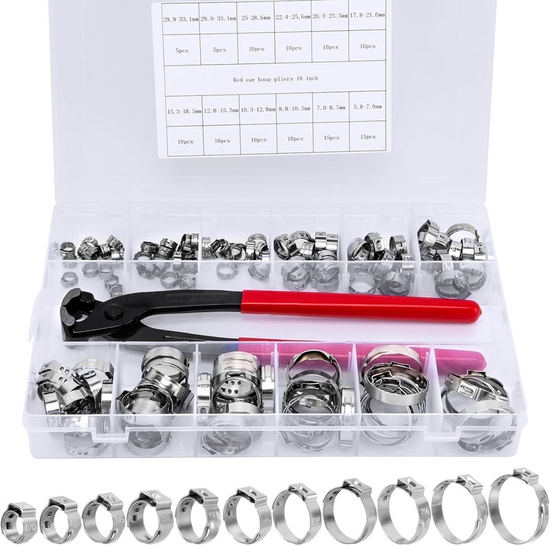 9TH SHOP Single Ear Hose Clamps, 120Pcs 11 Sizes 304 Stainless Steel Ear Clamps, 6-33.1mm Crimp Hose Clamps with Ear Clamp Pincer, Crimp Pinch Fitting Tools Kit for PEX Tube, Securing Hose - Image 1